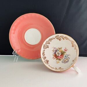 AYNSLEY Bone China Dusty Pink Tea Cup & Saucer Set Floral Inside Gilded RARE VTG